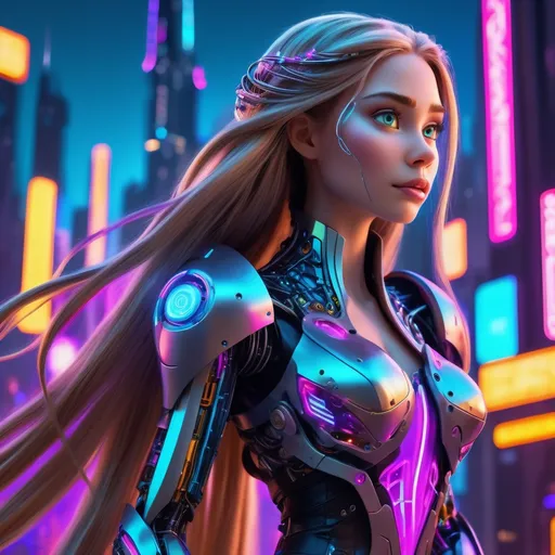 Prompt: (Cyborg Rapunzel), blending fairy tale and futuristic aesthetics, intricate mechanical enhancements, long flowing hair intertwined with wires, beautiful yet fierce expression, wearing a sleek armored dress, (futuristic cityscape in the background), vibrant neon colors illuminating the scene, (high detail), blending whimsy and technology, 4K ultra-detailed, a captivating mix of fantasy and science fiction ambiance.