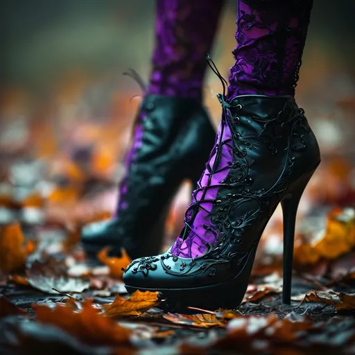 Prompt: High heels boots, (spooky season) theme, cinematic ambiance, dark and mysterious background, eerie shadows, vibrant contrasts, rich purples and blacks, autumn leaves scattered, cobwebs subtly integrated, high fashion elements, moody lighting, ultra-detailed, striking visual impact, capturing the essence of Halloween elegance, haunting allure, stylish yet unsettling atmosphere.