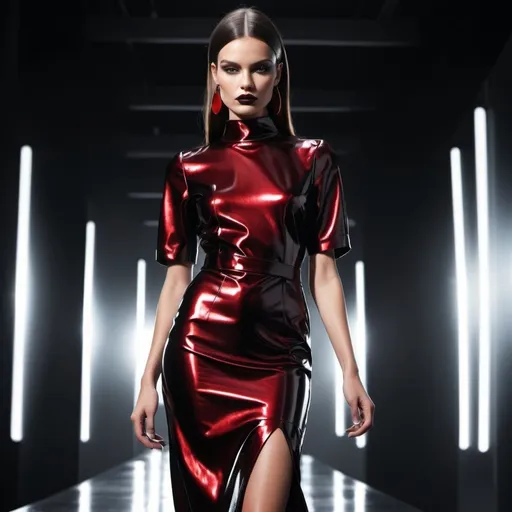 Prompt: (vinyl dress), high-fashion, dark and glossy texture, bold glamorous look, high sheen, intricate detailing, sleek design, fashion show runway, dramatic lighting, spotlight effect, bold contemporary style, ultra-modern aesthetic, reflective surface, high contrast, stylish, confident pose, sharp focus, monochrome palette with hints of deep red, luxurious feel, attention to detail, vibrant contrasts, 4K, ultra-detailed, HD