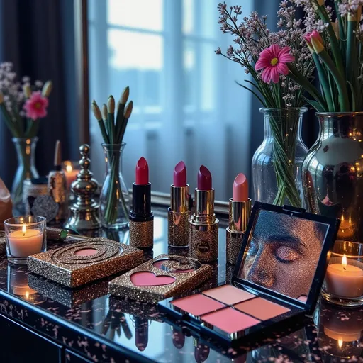 Prompt: (Gucci beauty make-up), luxurious cosmetics, vibrant color palettes, glimmering textures, elegant packaging, high-end glamour, (photo-realistic), ultra-detailed, (warm lighting), sophisticated ambiance, artful arrangement of products, softly blurred background showcasing a vanity setting, impactful and dramatic presentation.