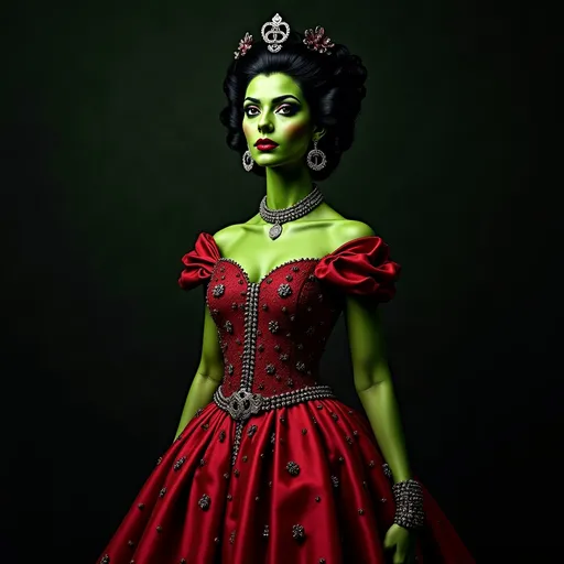 Prompt: (Elphaba in haute couture), elegant Chanel dress, dramatic green skin, striking facial features, (high fashion pose), bold accessories, luxurious fabric textures, striking makeup, (sophisticated ambiance), vibrant colors, dramatic lighting, (ultra-detailed), (fashion masterpiece), unique and timeless blend of classic aesthetics with fantasy, stunning background.