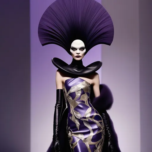 Prompt: (Yzma reimagined by Margiela), (fashion-forward), (high couture), avant-garde silhouette, dramatic textures, unique patterns, striking color palette, (luxurious details), (eccentric style), whimsical accessories, rich background depicting opulence, magical ambiance, (ultra-detailed), (vibrant).