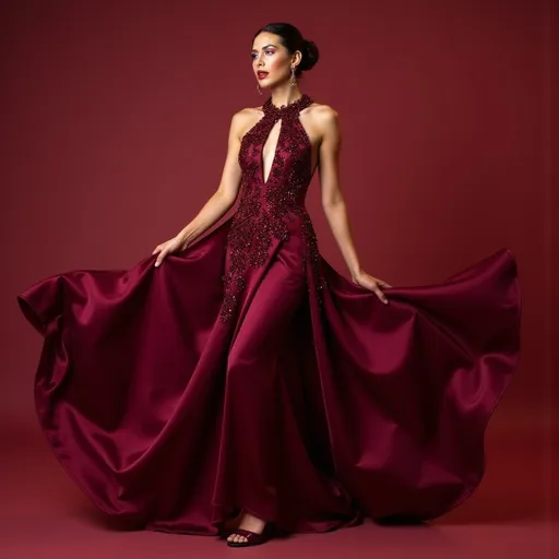 Prompt: (wine dress), stunning fashion design, elegant flowing gown, rich burgundy hues, textured satin fabric, (vibrant), intricate floral embellishments, soft flowing layers, unique neckline, luxurious appearance, warmly lit glimmering atmosphere, sophisticated and enchanting ambiance, high-quality, ultra-detailed, inspired by contemporary haute couture.