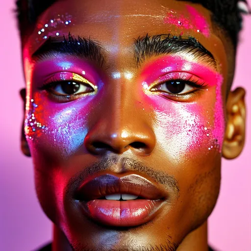 Prompt: (vibrant makeup) Fenty beauty full face makeup on a gay boy, striking colors and artistic blending, dynamic contrast, a captivating expressive look, detailed facial features, radiant skin, playful lip look, ambient lighting showcasing real-time application, bright environment reflecting a beauty influencer vibe, ultra-detailed, 4K resolution, playful mood.