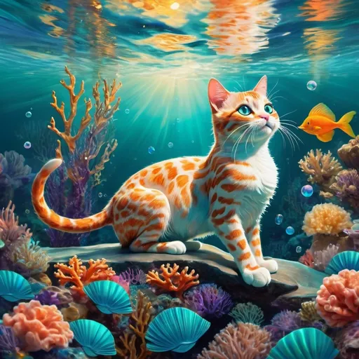 Prompt: (whimsical cat as a mermaid), vibrant scales shimmering in hues of turquoise and gold, enchanting underwater scene filled with colorful coral reefs, playful bubbles floating around, graceful fluid movements in rich, detailed textures, fantasy-inspired background with soft, ethereal lighting, inviting magical atmosphere, ultra-detailed, high-resolution image showcasing an enchanting transformation of a feline in a marine world.