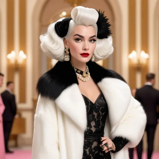 Prompt: Hyper realistic Cruella with half hair white and half black wearing a very detailed Dolce&Gabbana Outfit in a Wes Anderson Movie avoiding pink