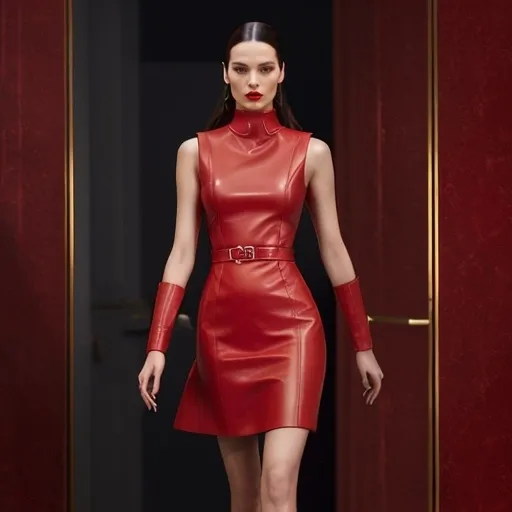 Prompt: (Prada red leather dress), high-fashion couture, luxurious texture, vibrant deep red tones, flattering silhouette, sleek design, elegant and bold appearance, striking and modern, perfect for high-profile events, sophisticated ambiance, captivating style, ultra-detailed, 4K resolution, fashion illustration portraying beauty and opulence.