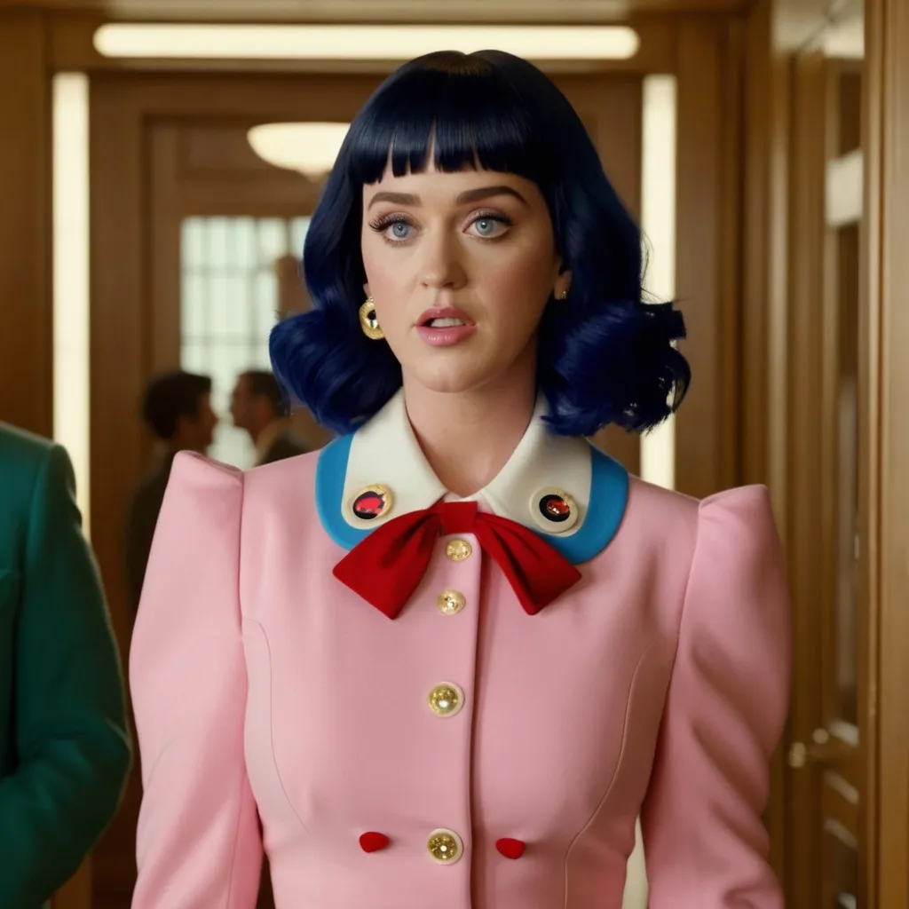 Prompt: Hyper realistic Katy Perry wearing a Miu Miu outfit in a Wes Anderson Movie 64 k ultra hd quality 