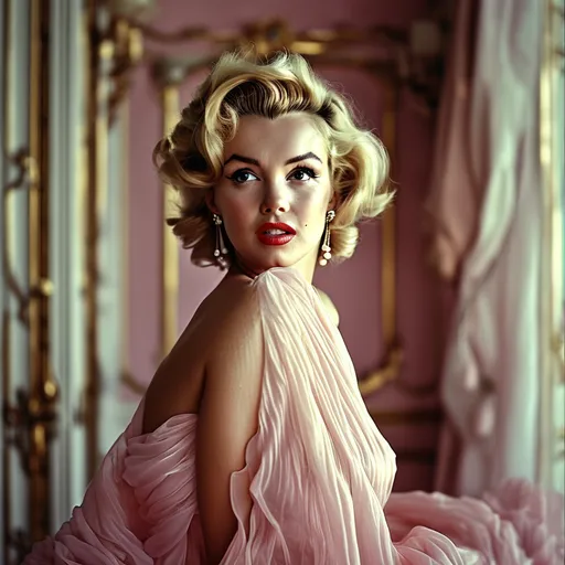 Prompt: (Marilyn Monroe wearing a glamorous Dior dress), high fashion, exquisite elegance, (soft lighting), vintage aesthetic, impeccable style, sophisticated grace, delicate facial features, flowing hair, lavish fabric details, luxurious background with stylish decor, timeless beauty, evoking classic Hollywood glamour, (ultra-detailed), cinematic quality, capturing the essence of 1950s fashion.