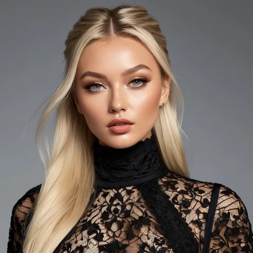 Prompt: Hyper realistic photo of hyper realistic  Zara Larsson thiccc hyper realistic blonde girl. High pony tail hair. thiccc, goth lips, intricate lacey outfit. very attractive. high detail realistic. thick thighs,  full body shot, professional photo. Hyper realistic Studio lighting, backlit, realistic lighting. hdr uhd 8k ultra-realistic render,  very high detail skin, beautiful face, Dolce&Gabbana