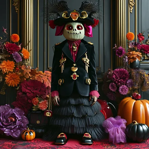 Prompt: (Halloween Gucci), a luxurious and spooky atmosphere, featuring elegant typography with intricate spooky designs, rich, dark color palette of deep purples and blacks, a stylish and playful mix of iconic Gucci elements with macabre Halloween motifs, high detail, (ultra-detailed), eerie yet festive vibe, creative blend of fashion and fright.