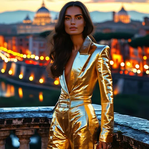 Prompt: Golden metallic outfit, (shimmering) fashion statement, Rome skyline backdrop, (elegant) architectural details, vibrant nightlife, rich culture, (ultra-detailed) city lights reflecting, warm tones illuminating surroundings, stylish pose, (high-quality) stunning ambiance, modern flair, accents of (luxurious) texture, dynamic urban energy.