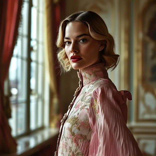 Prompt: (Margot Robbie in a stunning Chanel outfit), fashion-forward elegance, intricate details of the garment, luxurious textures, vibrant colors that complement her beauty, posh background with (high-fashion) ambience, soft (dramatic lighting), ultra-detailed, HD quality, sophisticated atmosphere, exuding confidence and charm.