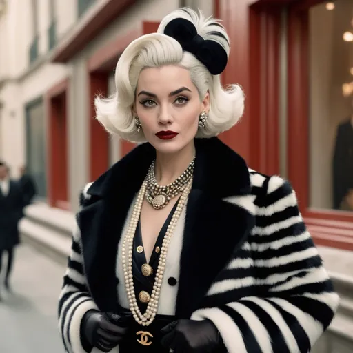 Prompt: Hyper realistic Cruella wearing a very detailed Chanel Outfit in a Wes Anderson Movie