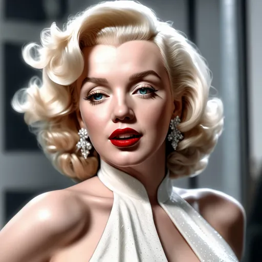 Prompt: Very detailed and hyper realistic Marilyn Monroe wearing a hyper realistic and very detailed Off White dress 64k, ultra hd, 3d quality  500mpx reflex 
