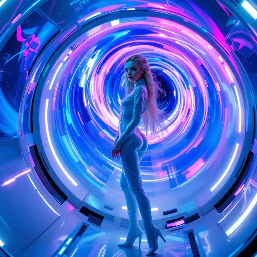 Prompt: Kim Petras in futuristic Dsquared2 look, breathtaking glass skin makeup, weightless ambiance, set within a sleek white spaceship, dynamic elements in hyperspace, vivid sci-fi backdrop, shimmering highlights, ethereal essence, ultra-detailed, high quality, cinematic visuals, glowing texture, modern aesthetic, galactic motion, enchanting atmosphere.