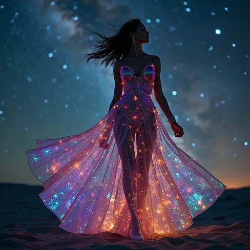 Prompt: (outer space dress Versace), (futuristic fashion), cosmic patterns, starry night backdrop, vibrant colors, shimmering fabric, ethereal glow, intricate details, high fashion aesthetic, otherworldly vibe, starlit ambiance, dramatic lighting, avant-garde style, ultra-detailed, 4K quality.