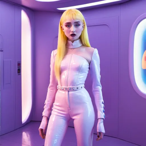 Prompt: Kim Petras wearing Mugler in a futuristic Tokyo imagined by Wes Anderson