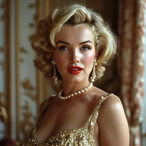 Prompt: (Marilyn Monroe wearing a glamorous Dior dress), high fashion, exquisite elegance, (soft lighting), vintage aesthetic, impeccable style, sophisticated grace, delicate facial features, flowing hair, lavish fabric details, luxurious background with stylish decor, timeless beauty, evoking classic Hollywood glamour, (ultra-detailed), cinematic quality, capturing the essence of 1950s fashion.