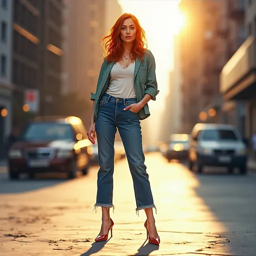 Prompt: Jessica Chastain wearing Levi’s jeans on high heels and a man’s shirt