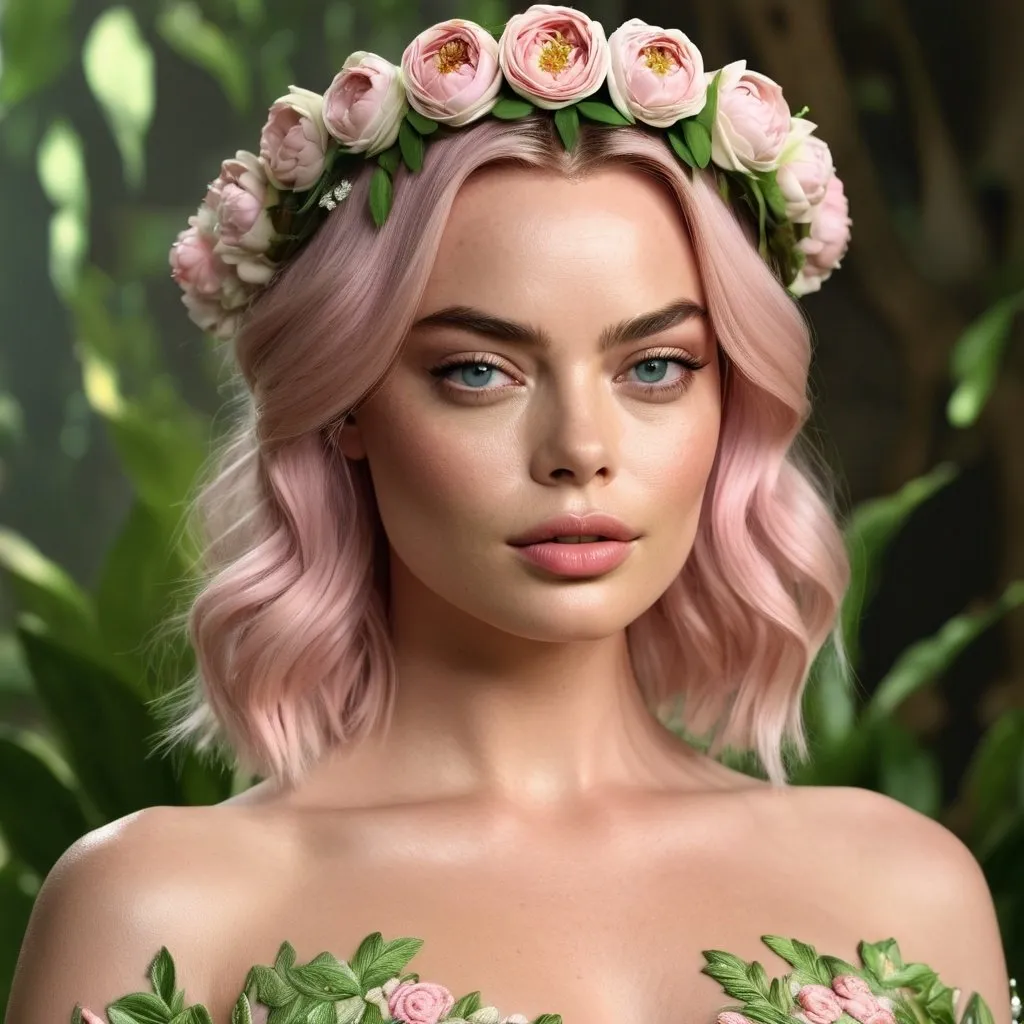 Prompt: HD 4k 3D Margot Robbie hyper realistic, professional modeling, ethereal Greek goddess of spring, pastel pink hair, pale skin, gorgeous face, floral embroidered gown, pastel jewelry and floral crown, full body, embodiment of Springtime, lush greenery, vegetation, and flora, detailed, elegant, ethereal, mythical, Greek, goddess, surreal lighting, majestic, goddesslike aura