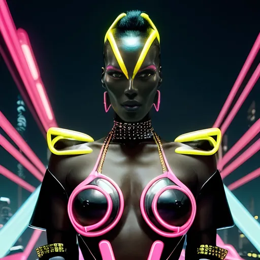 Prompt: Grace Jones (striking pose), dazzling in a (futuristic) Gucci cyber look, adorned with bold geometric patterns, glossy textures, and vibrant color tones, encapsulates modern elegance. Background features a (neon-lit) metropolis at night, exuding a high-fashion atmosphere, combined with (ultra-detailed) elements and an (atmospheric) glow that enhances her unique style.