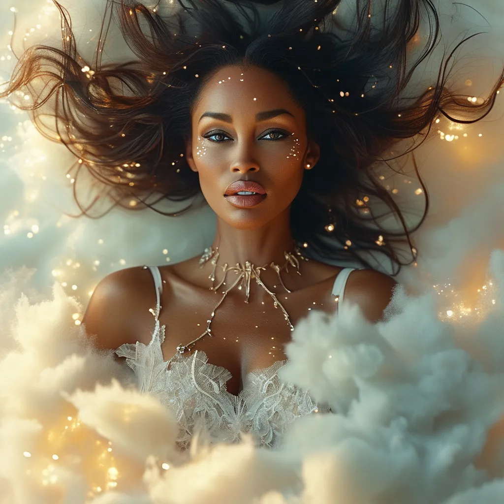 Prompt: Ethereal Naomi Campbell, (dreamlike quality), surrounded by mystical light and soft pastel colors, floating amidst clouds with shimmering sparkles, hair flowing gently, (whimsical ambiance), delicate ethereal gown adorned with lace, surreal background of a celestial sky, high-resolution, ultra-detailed, magical atmosphere, captivating and enchanting vibe.