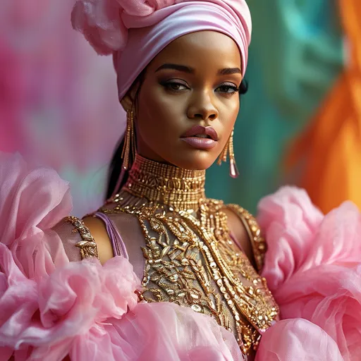 Prompt: (central content: Rihanna wearing a stunning outfit from Dior), (high fashion), chic attitude, glamorous pose, luxurious details, elegant accessories, vibrant colors, dynamic fabric flow, softly blurred background, emphasizing fashion show ambiance, (ultra-detailed), striking lighting, captivating expression, radiant beauty, fashion-forward aesthetics.