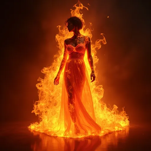 Prompt: Versace Dress made of fire, vibrant fiery colors swirling and flickering, intense glow illuminating surroundings, an ethereal blend of reds, oranges, and yellows, dynamic movement suggesting the flames are alive, contrasting background of dark shadows, creating a dramatic and captivating atmosphere, HD, ultra-detailed, evoking feelings of passion and strength.