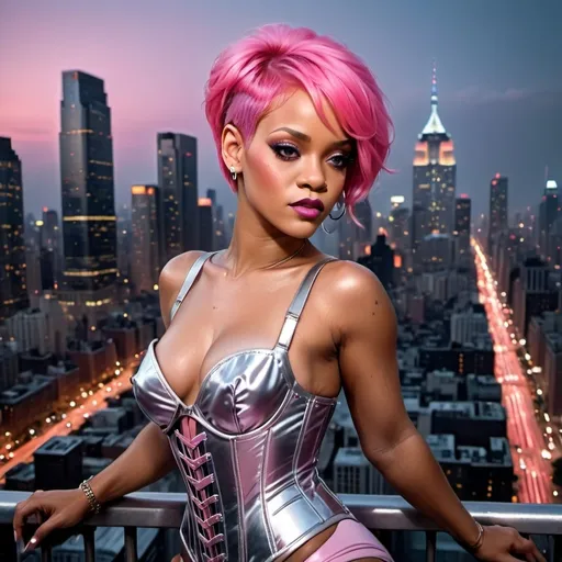 Prompt: Delicate gorgeous Rihanna buxom drag queen bodybuilder overlooking city from balcony, short stylish pink hair, photorealism, silver corset in a metropolitan nightscape, skyscrapers, highly detailed, 8k photo, photorealistic, delicate beauty, intricate details, city lights, atmospheric lighting