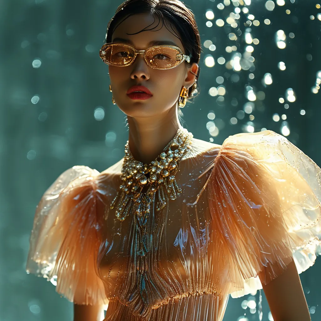 Prompt: (Gucci transparent wet dress), high fashion, (ultra-detailed), glamorous, captivating design, striking reflections, ethereal elegance, shimmering water droplets, sleek silhouette, soft lighting, stylish and progressive vibe, exquisite texture, luxurious fabric, contemporary and artistic presentation, sophisticated atmosphere, fashion-forward statement piece, opulent backdrop, warm undertones.