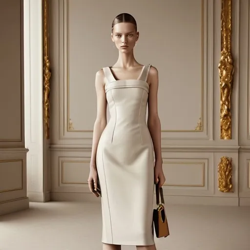 Prompt: Loewe dress, (luxurious design), (high fashion style), muted color palette, elegant textures, sophisticated accessories, clean lines, artistic flair, modern couture, chic ambiance, luxurious materials, minimalist composition, imagery of craftsmanship, suitable for high-end fashion branding, (ultra-detailed) representation, (4K) resolution, striking visual appeal.