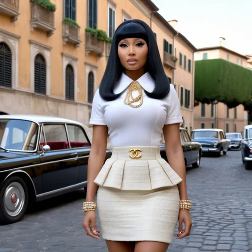 Prompt: Hyper Realistic and very detailed Nicki Minaj wearing a hyper realistic and very detailed 60s Chanel look with a very detailed miniskirt and very detailed flat shoes in the centre of a very accurate 60s Rome living “La Dolce Vita” 64k Hd, very accurate 3D 