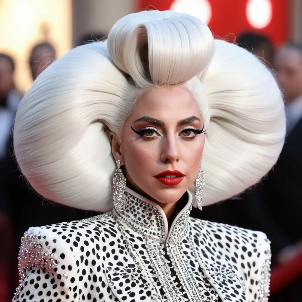 Prompt: A hyper realistic Lady Gaga as Cruella in a Alexander McQueen very detailed and accurated 64k quality HD 3D 