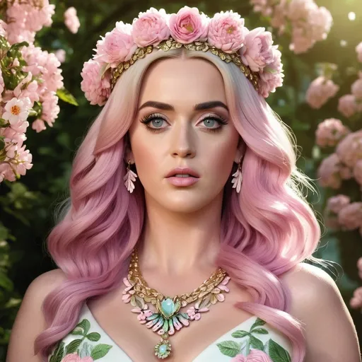 Prompt: HD 4k 3D Katy Perry hyper realistic, professional modeling, ethereal Greek goddess of spring, pastel pink hair, pale skin, gorgeous face, floral embroidered gown, pastel jewelry and floral crown, full body, embodiment of Springtime, lush greenery, vegetation, and flora, detailed, elegant, ethereal, mythical, Greek, goddess, surreal lighting, majestic, goddesslike aura wearing Valentino 