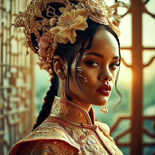 Prompt: (central content: Rihanna as a Chinese woman), detailed facial features, elegant hairstyle, wearing traditional attire, graceful pose, intricate patterns, vibrant colors, (soft lighting), serene ambiance, cultural elements, beautiful background of a Chinese landscape, (4K), ultra-detailed, artistic elegance, capturing the essence of both cultures.