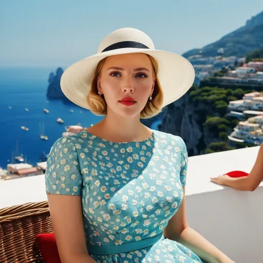 Prompt: Scarlet Johansson as an accurate 50s Italian woman in Capri wearing Prada