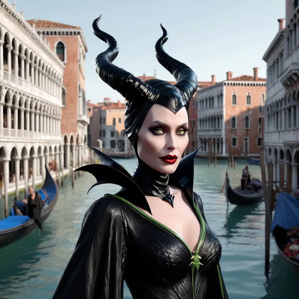 Prompt: Hyper realistic 64k 3d Maleficent in hyper realistic and very detailed 64 3d hd, in Venice, very detailed, Venice Background 