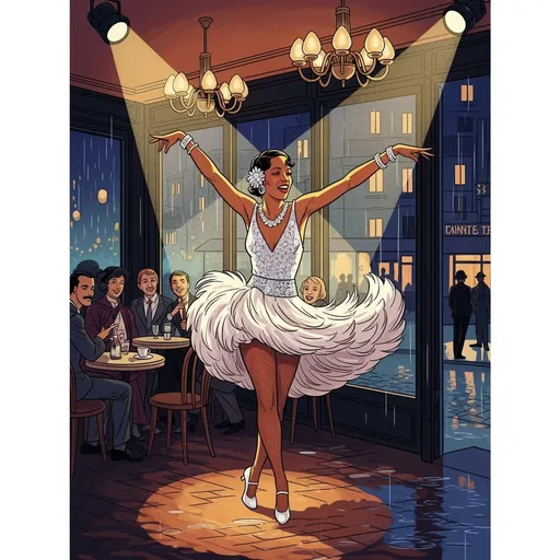 Prompt: Visualize Josephine Baker in a vibrant 1920s Parisian café, her striking presence commanding the room. She is captured mid-performance, wearing her iconic feathered skirt and sparkling jewels, radiating confidence and charisma. Bright spotlights cast warm, golden hues on her skin, accentuating the elegance of her pose as she dances, arms gracefully extended, with an infectious smile that captivates her audience. The intimate café is alive with the glow of art deco chandeliers and the soft chatter of patrons, creating a lively yet nostalgic atmosphere. Outside, a gentle rain creates a dreamy sheen on the cobblestone streets, blurring the lights from nearby buildings. Suggest a style of 'art deco illustration with bold colors and dynamic lines' to perfectly encapsulate this moment.