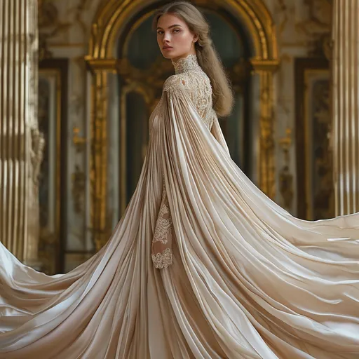 Prompt: (Silk gown), elegant, flowing fabric, soft shimmer, luxurious texture, (high fashion), rich jewel tones, dramatic draping, graceful silhouette, delicate lace accents, warmly lit atmosphere, (romantic ambiance), detailed background showcasing an opulent setting, (4K), ultra-detailed, a vision of sophistication and timeless beauty.