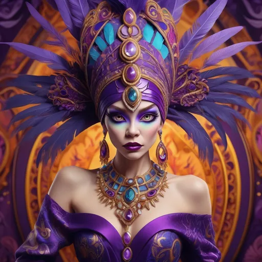 Prompt: (Yzma reimagined), (vibrant colors), (luxurious patterns), (whimsical style), fantasy portrait, dramatic expression, elaborate headdress, intricate jewelry, high fashion elements, enchanting background, warm lighting, lush textures, 4K resolution, detailed fabric patterns, a sense of mystery and grandeur.