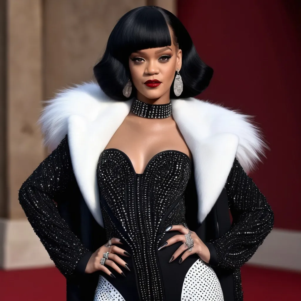 Prompt: A hyper realistic Rihanna as Cruella in a Balmain very detailed and accurated 64k quality HD 3D 