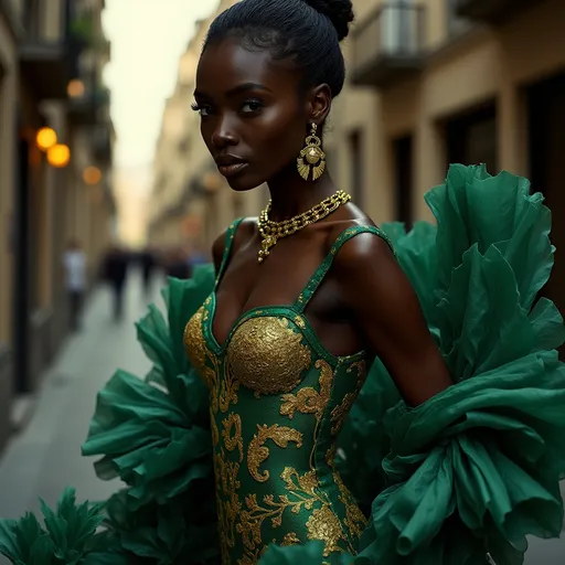 Prompt: (Alek Wek wearing Cavalli), striking elegance and defined silhouette, dramatic pose highlighting high fashion, luxurious fiber textures, deep and rich color palette of gold and emerald, showcasing intricate Cavalli designs, soft ambient lighting to emphasize the details, urban chic background to enhance the modern vibe, ultra-detailed, high-definition quality.