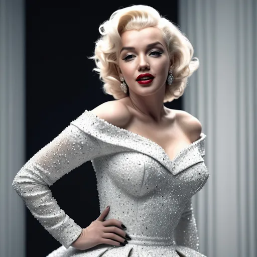 Prompt: Very detailed and hyper realistic Marilyn Monroe wearing a hyper realistic and very detailed Balenciaga dress 64k, ultra hd, 3d quality  500mpx reflex 