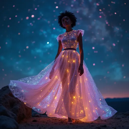 Prompt: (outer space dress Versace), (futuristic fashion), cosmic patterns, starry night backdrop, vibrant colors, shimmering fabric, ethereal glow, intricate details, high fashion aesthetic, otherworldly vibe, starlit ambiance, dramatic lighting, avant-garde style, ultra-detailed, 4K quality.