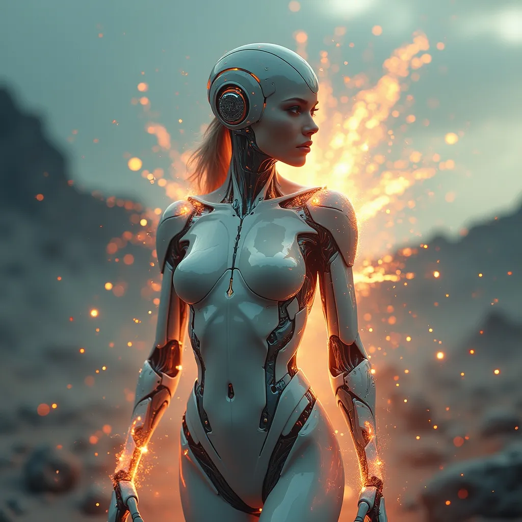 Prompt: Humanoid woman exploding, a striking figure that blends human traits with mechanical elements, sleek design, and futuristic aesthetics, glowing circuitry accents, dynamic pose showcasing agility, detailed features emphasizing emotion, dramatic lighting creating a stark contrast, set against an alien landscape, surreal colors reflecting a blend of technology and organic shapes, 4K ultra-detailed.