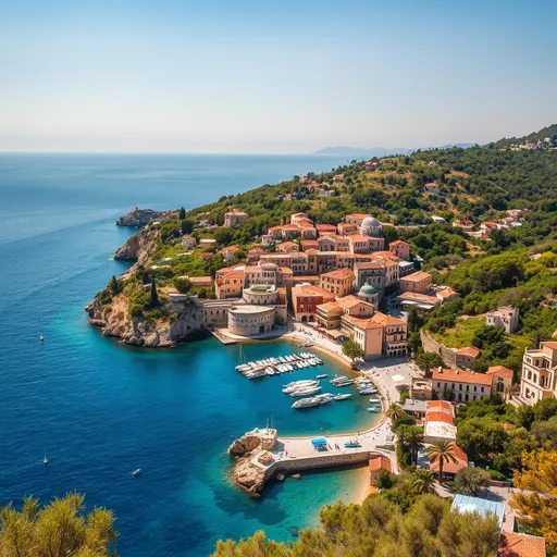 Prompt: Corfu (picturesque landscape), stunning coastlines, lush greenery, (vibrant blue sea), historical architecture, (sun-kissed beaches), serene atmosphere, cultural heritage, charming villages, (golden sunlight), warm Mediterranean colors, tranquil vibe, inviting shorelines, (ultra-detailed), high quality, (4K resolution)