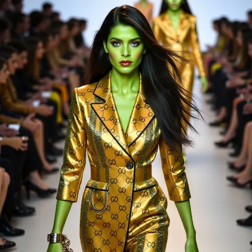 Prompt: (Elphaba wearing Jil Sander), striking pose, vibrant green skin, dark flowing hair, poised facial expression, luxurious Gucci outfit, fashion-forward accessories, playful yet sophisticated, (bold patterns), stylish handbag, adventurous demeanor, brightly lit runway background, high fashion atmosphere, runway models in soft focus, ultra-detailed, (fashion illustration).