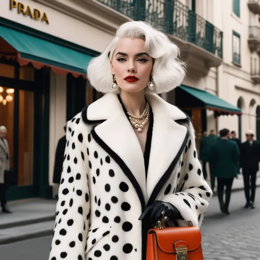 Prompt: Hyper realistic Cruella wearing a very detailed Prada Outfit in a Wes Anderson Movie avoiding pink