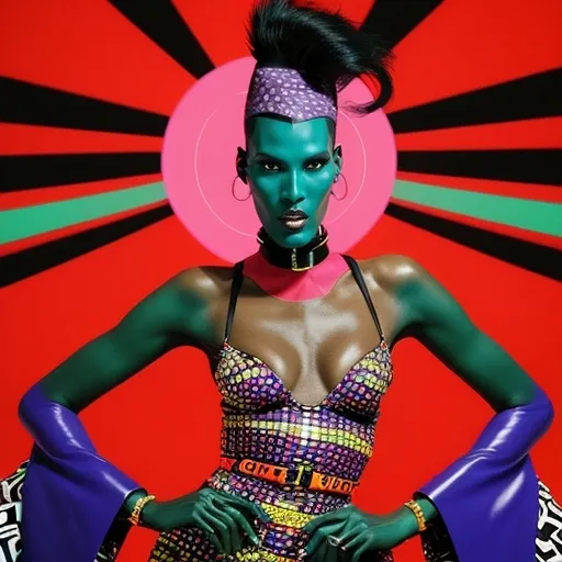 Prompt: (Grace Jones) in MiuMiu fashion, striking a bold pose, vibrant colors and unique textures, dynamic geometric patterns, dramatic lighting illuminating her silhouette, high-fashion editorial glare, fashion photography style, ultra-detailed, HD, captivating and energetic ambiance with a touch of retro elegance, seamless blend of sophistication and daring style.